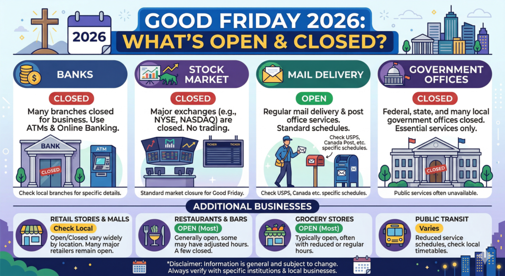 Good Friday 2026: What's Open and Closed? Banks, Stock Market, Mail & More Explained